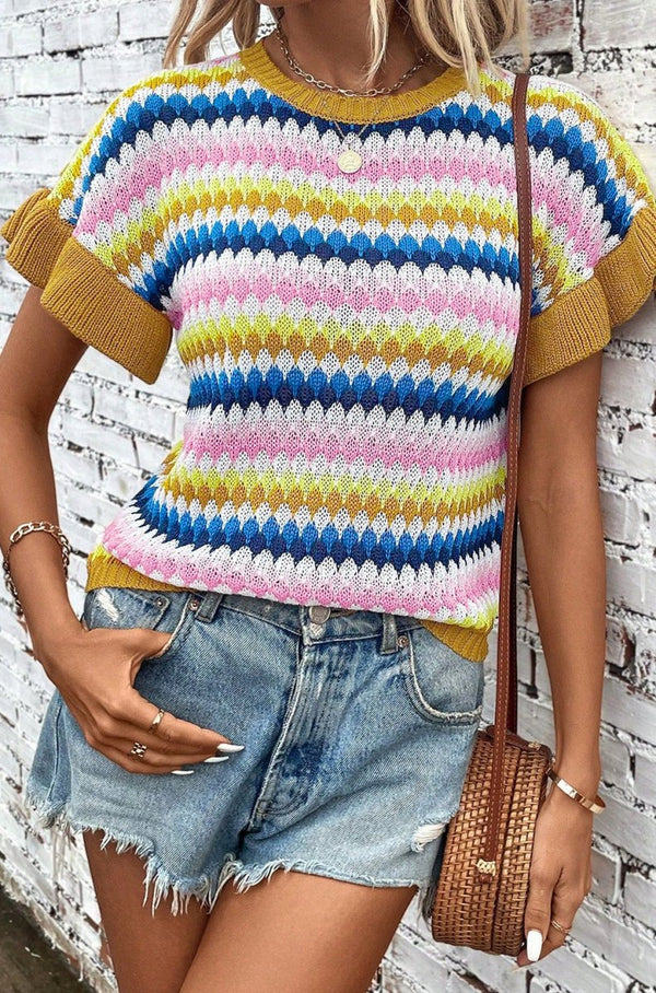 Olga Trimmed Ruffle Sleeve Colorful Textured Sweater - Rebel Nomad