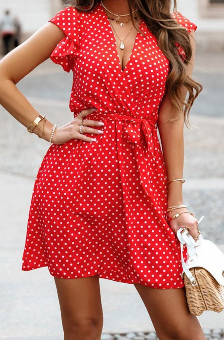 Oliana Polka Dot V Neck Ruffle Sleeve Dress - Rebel Nomad