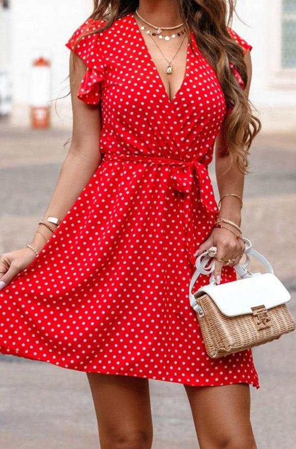 Oliana Polka Dot V Neck Ruffle Sleeve Dress - Rebel Nomad