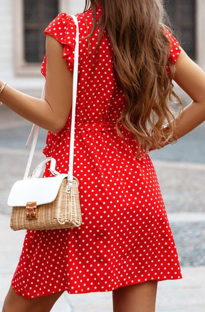 Oliana Polka Dot V Neck Ruffle Sleeve Dress - Rebel Nomad