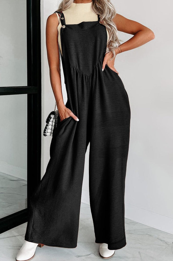 Olinda Textured Buttoned Straps Ruched Wide Leg Jumpsuit - Rebel Nomad