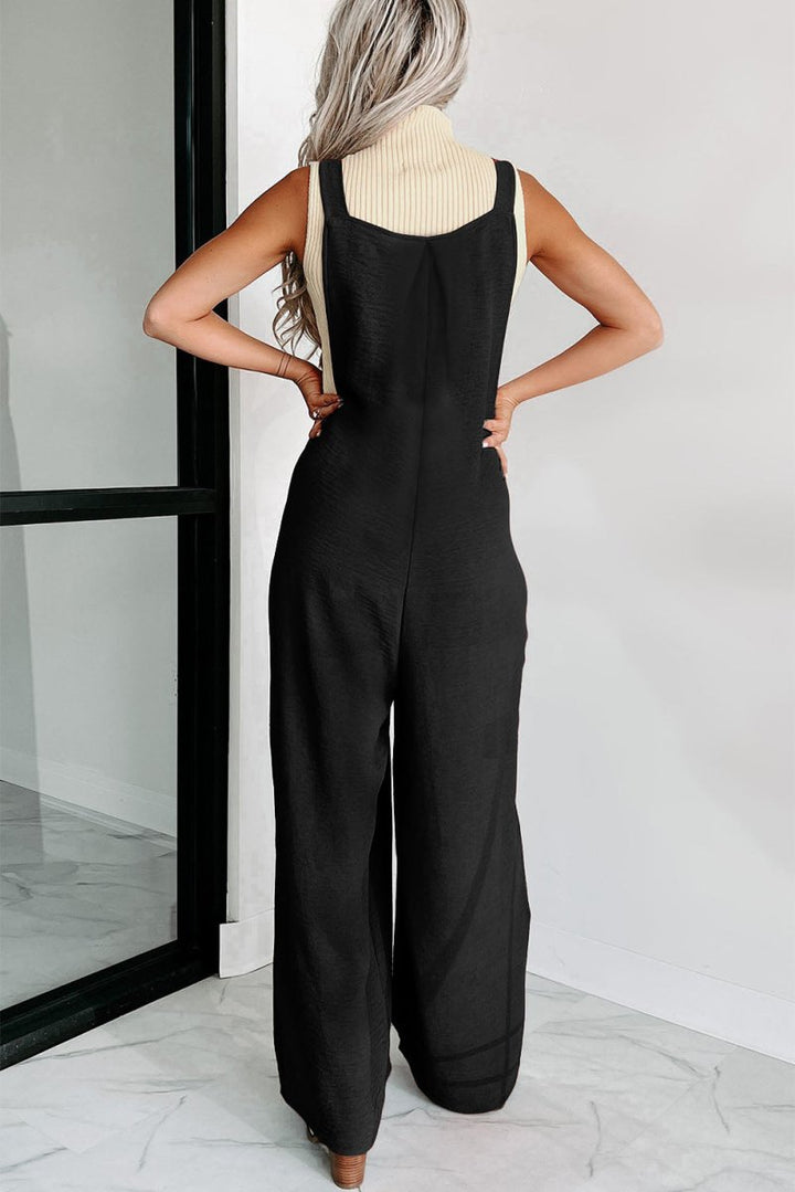 Olinda Textured Buttoned Straps Ruched Wide Leg Jumpsuit - Rebel Nomad