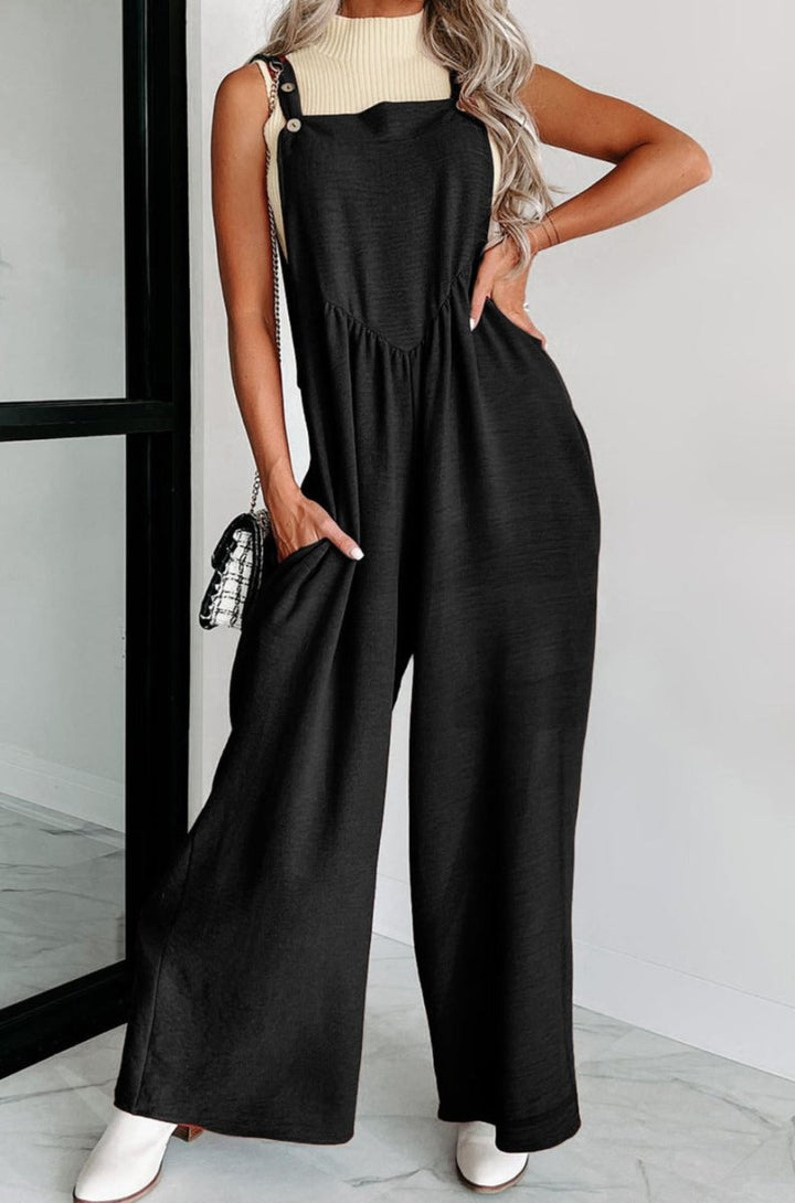 Olinda Textured Buttoned Straps Ruched Wide Leg Jumpsuit - Rebel Nomad