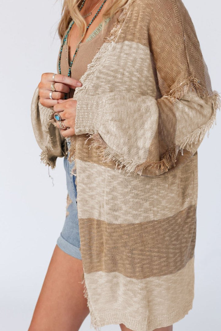 Oliva Stripe Lantern Sleeve Fringed Open Cardigan - Rebel Nomad