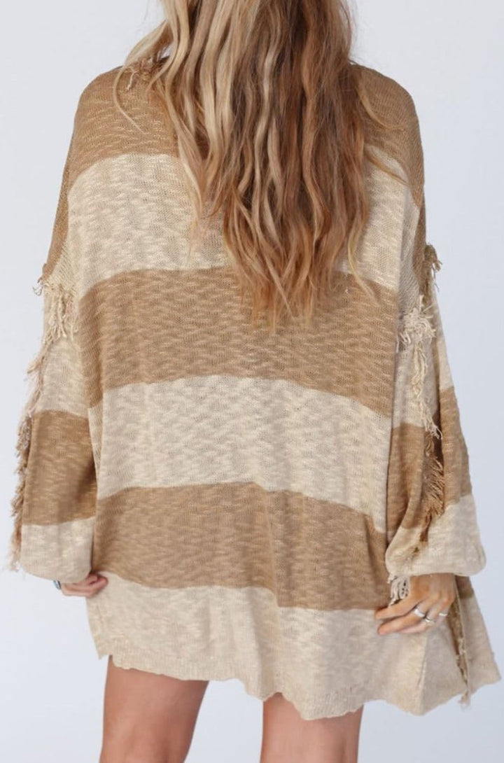 Oliva Stripe Lantern Sleeve Fringed Open Cardigan - Rebel Nomad