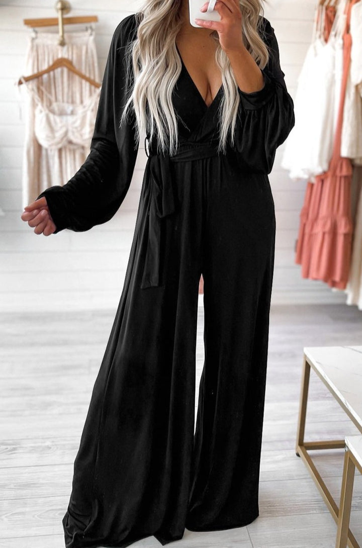 Olivia Cutout Back Belted V Neck Wide Leg Jumpsuit - Rebel Nomad