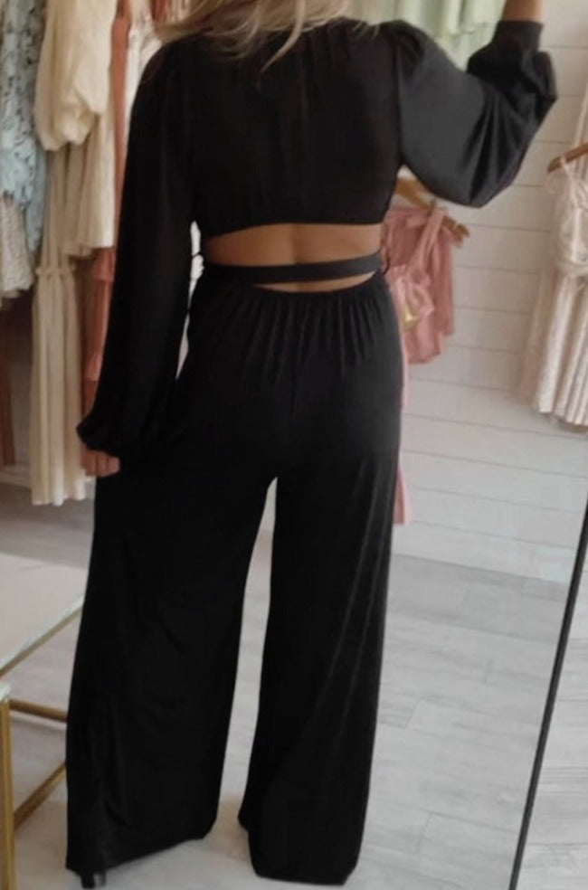 Olivia Cutout Back Belted V Neck Wide Leg Jumpsuit - Rebel Nomad