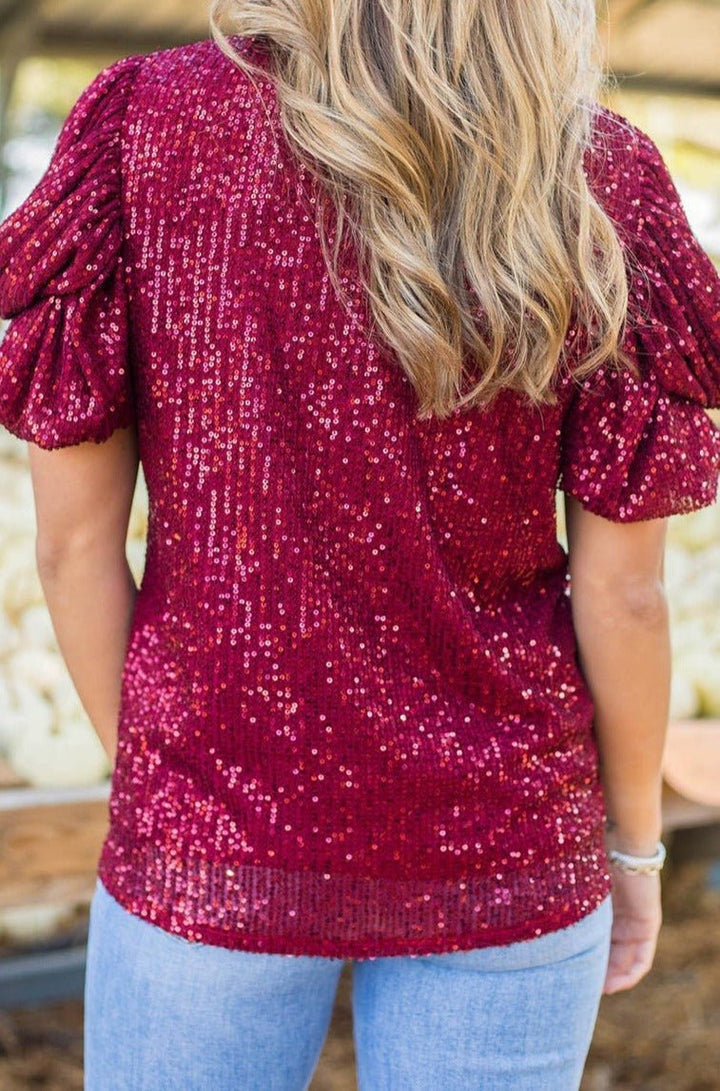 Ollie Glittering Sequin Short Bubble Sleeve Blouse - Rebel Nomad