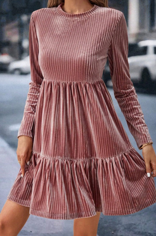 Pale Chestnut Long Sleeve Tiered Ribbed Velvet Dress - Rebel Nomad