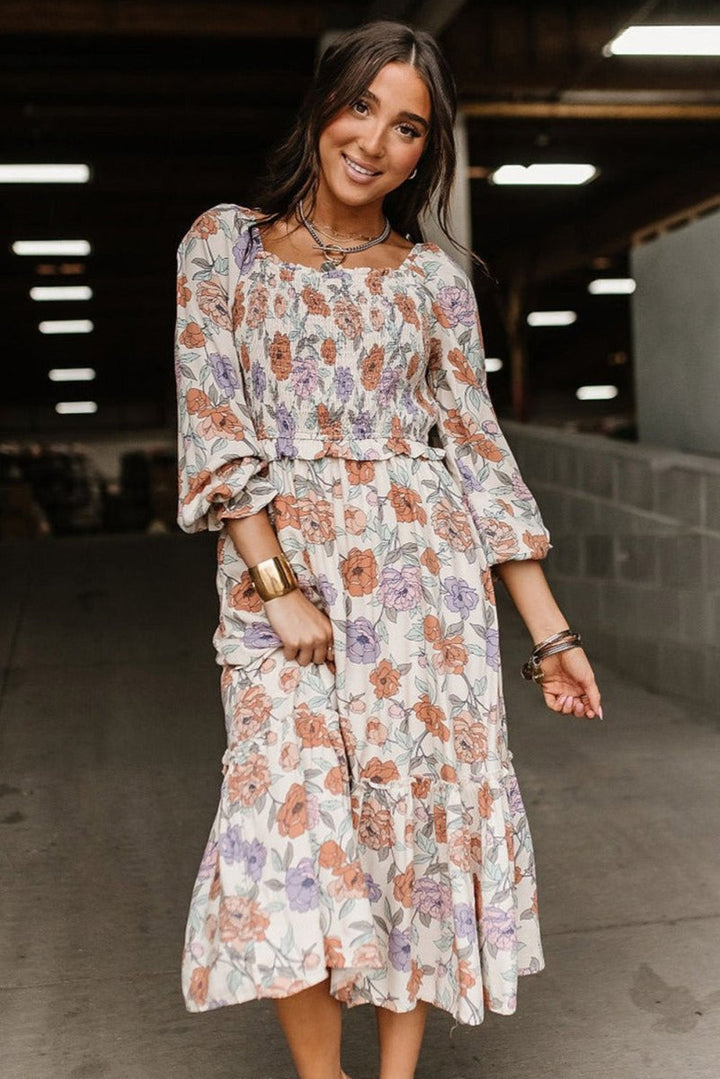 Panache Floral Smocked Long Sleeve Pocketed Dress - Rebel Nomad