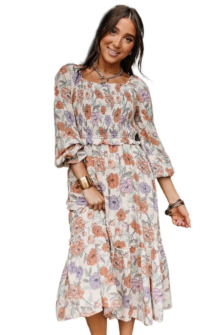 Panache Floral Smocked Long Sleeve Pocketed Dress - Rebel Nomad