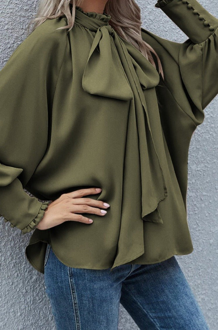 Perseis Frilled Knotted Mock Neck Bishop Sleeve Blouse - Rebel Nomad