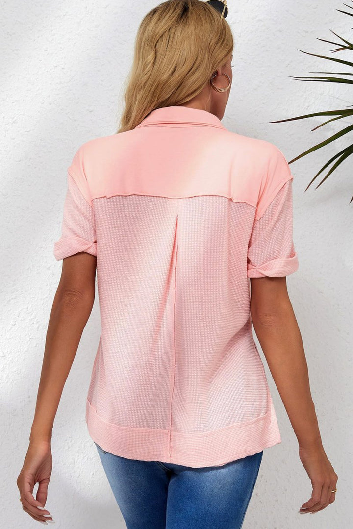Pink Acid Wash Waffle Knit Short Sleeve Buttoned Shirt - Rebel Nomad