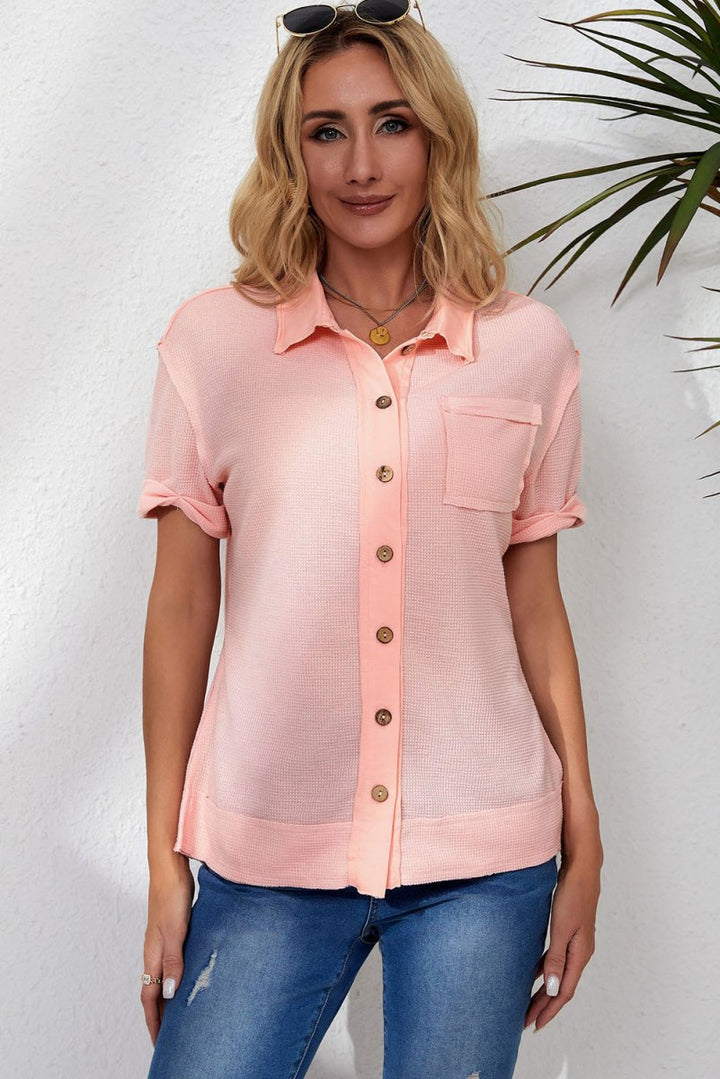 Pink Acid Wash Waffle Knit Short Sleeve Buttoned Shirt - Rebel Nomad