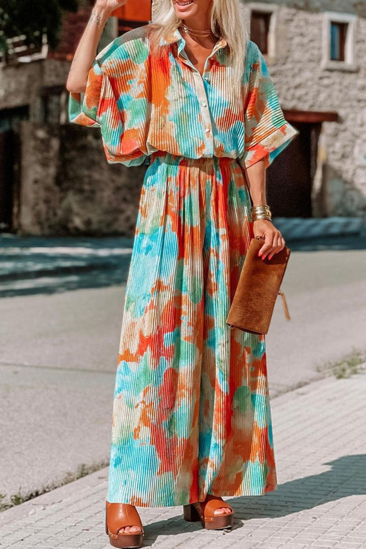 Portia Bohemian Tie Dye Pleated Shirt Collar Loose Jumpsuit - Rebel Nomad