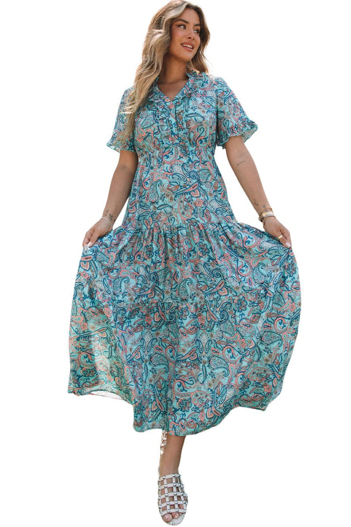 Priscilla Paisley Print Boho Holiday Ruffle Tiered Maxi Dress - Rebel Nomad