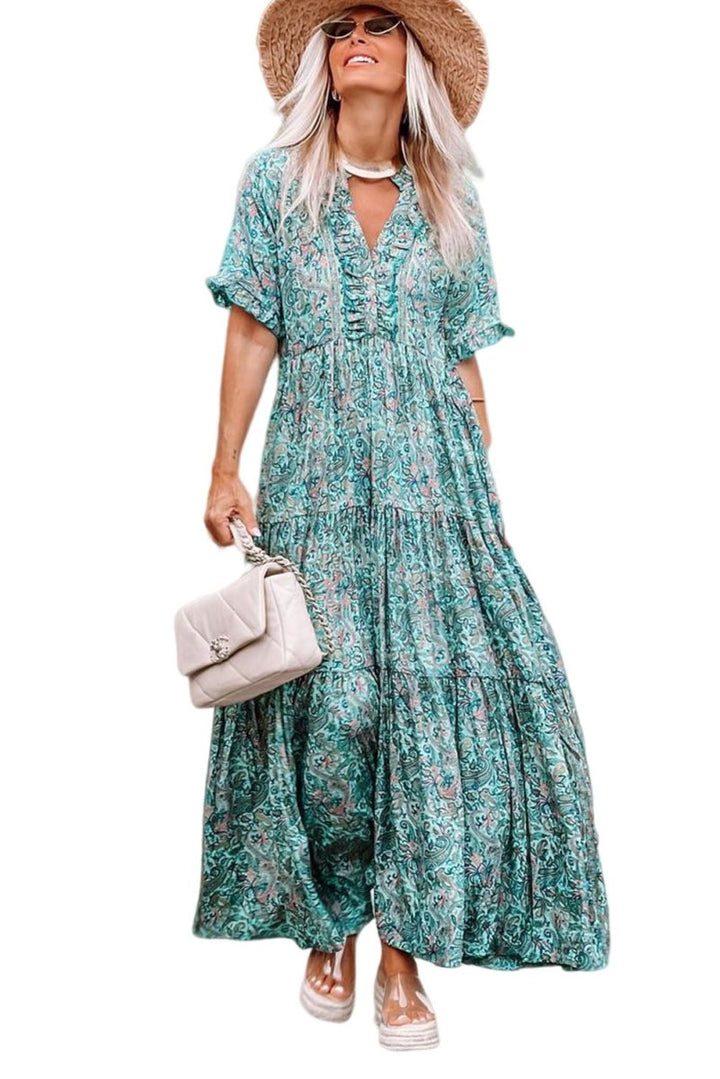 Priscilla Paisley Print Boho Holiday Ruffle Tiered Maxi Dress - Rebel Nomad