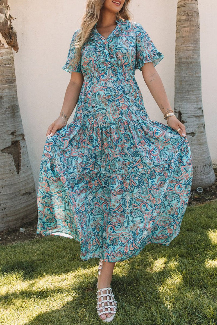 Priscilla Paisley Print Boho Holiday Ruffle Tiered Maxi Dress - Rebel Nomad