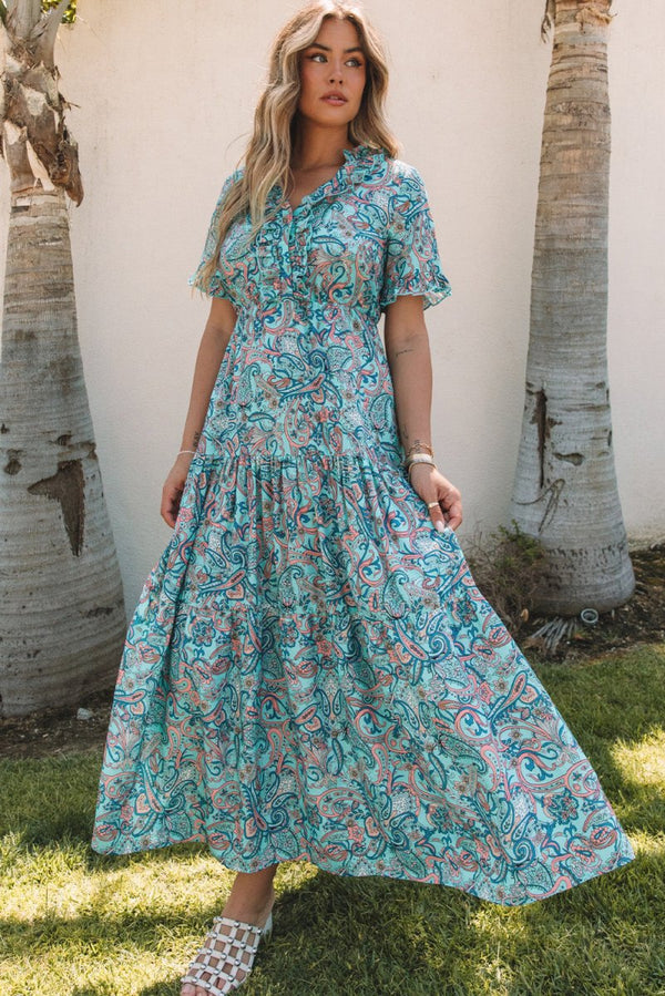 Priscilla Paisley Print Boho Holiday Ruffle Tiered Maxi Dress - Rebel Nomad