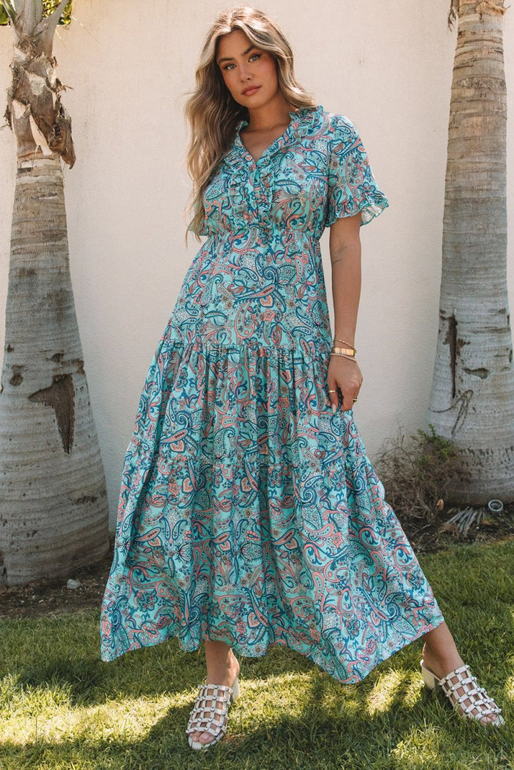 Priscilla Paisley Print Boho Holiday Ruffle Tiered Maxi Dress - Rebel Nomad