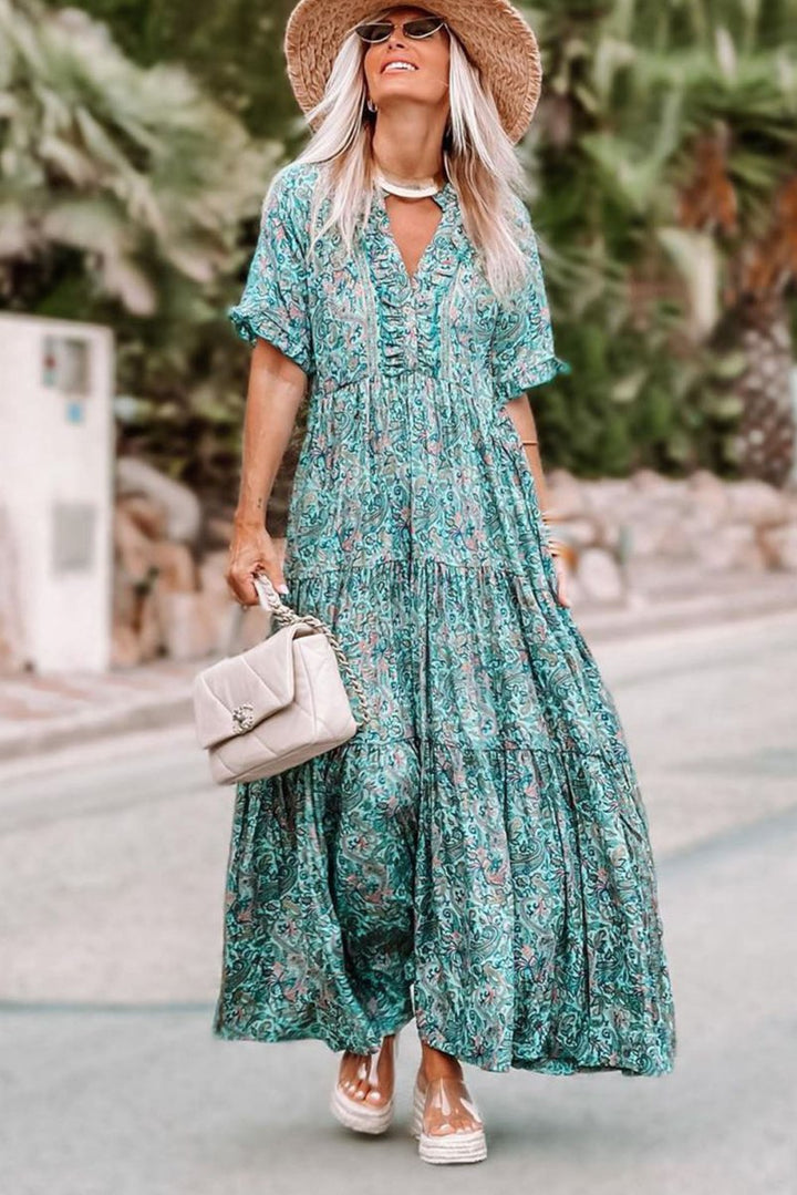 Priscilla Paisley Print Boho Holiday Ruffle Tiered Maxi Dress - Rebel Nomad