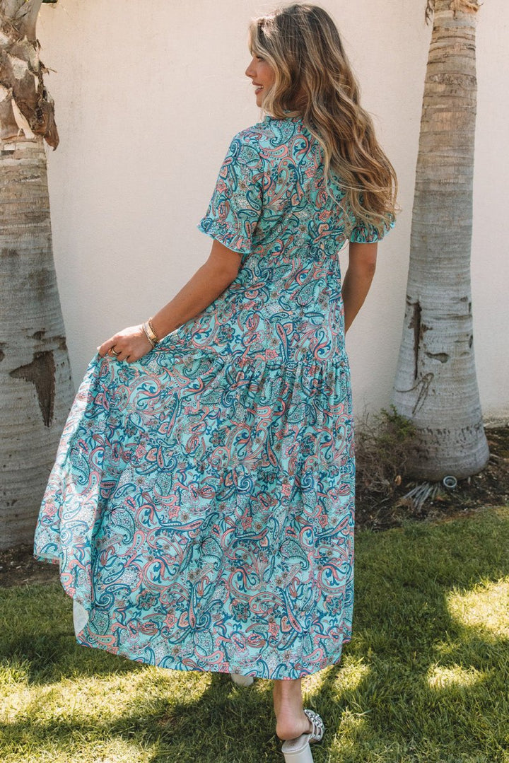 Priscilla Paisley Print Boho Holiday Ruffle Tiered Maxi Dress - Rebel Nomad