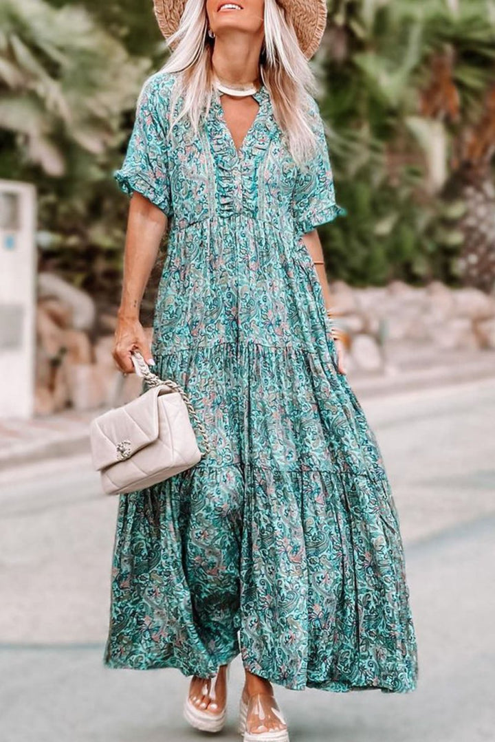 Priscilla Paisley Print Boho Holiday Ruffle Tiered Maxi Dress - Rebel Nomad