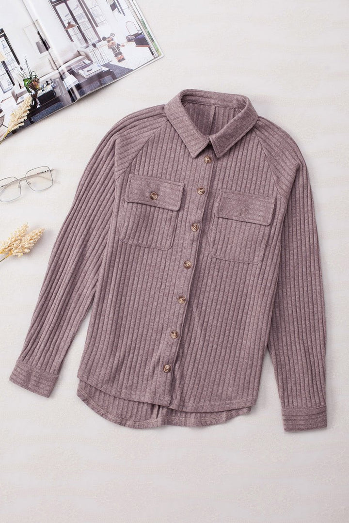 Purple Button Flap Pocket Ribbed Knit Shacket - Rebel Nomad