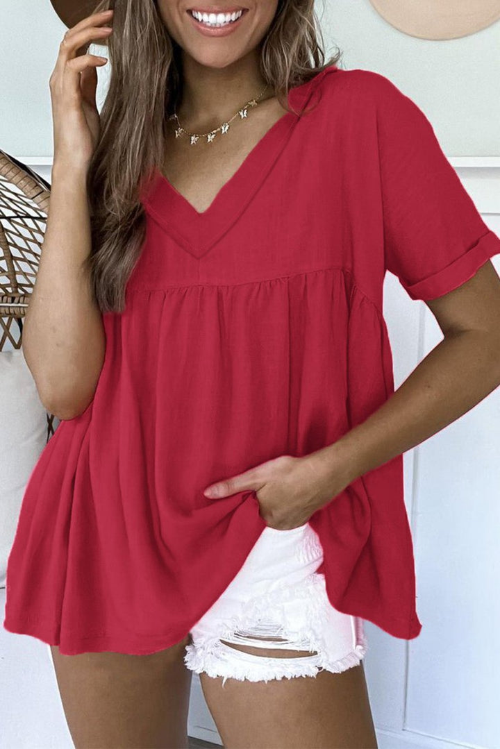 Raindrop Frayed V Neck Ruffled Babydoll Blouse - Rebel Nomad