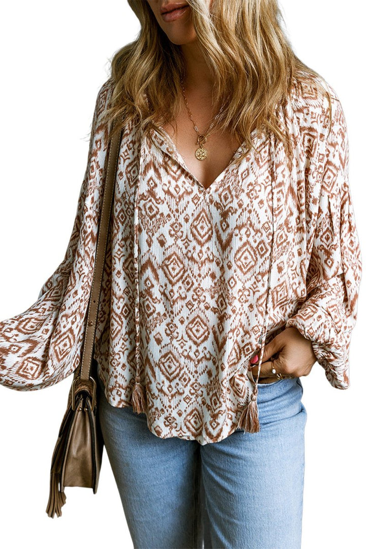 Remi Western Print Balloon Sleeve Tassel Blouse - Rebel Nomad