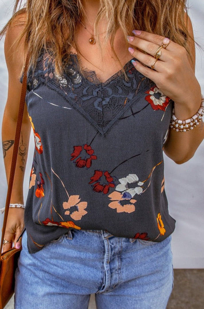 Reverence Floral Print Lace Contrast Tank Top - Rebel Nomad