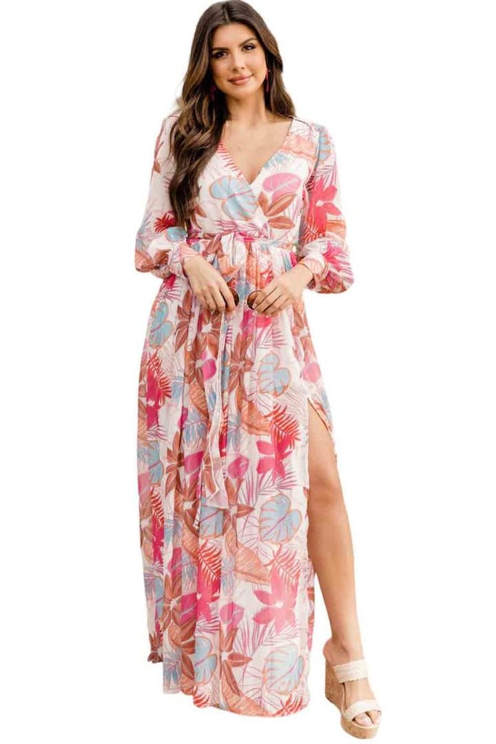 Rhona Tropical Plant Print Long Sleeve Wrap V-Neck Slit Maxi Dress - Rebel Nomad