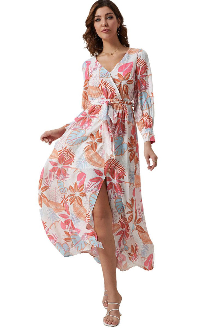 Rhona Tropical Plant Print Long Sleeve Wrap V-Neck Slit Maxi Dress - Rebel Nomad