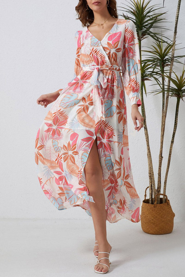 Rhona Tropical Plant Print Long Sleeve Wrap V-Neck Slit Maxi Dress - Rebel Nomad