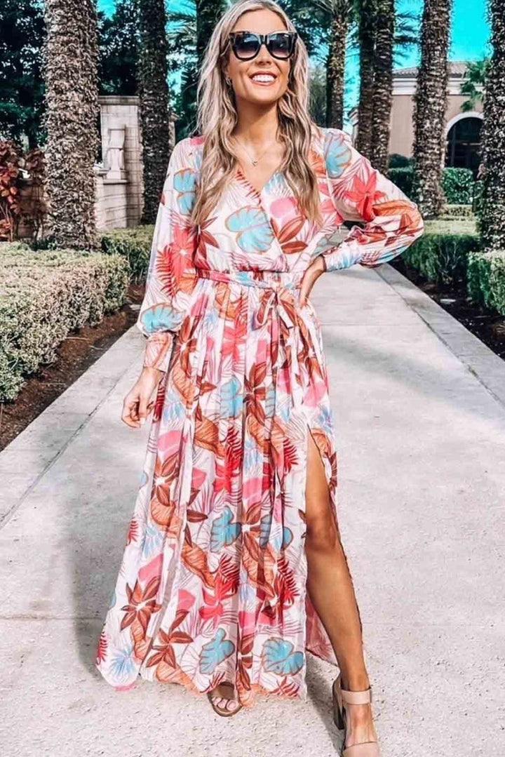 Rhona Tropical Plant Print Long Sleeve Wrap V-Neck Slit Maxi Dress - Rebel Nomad