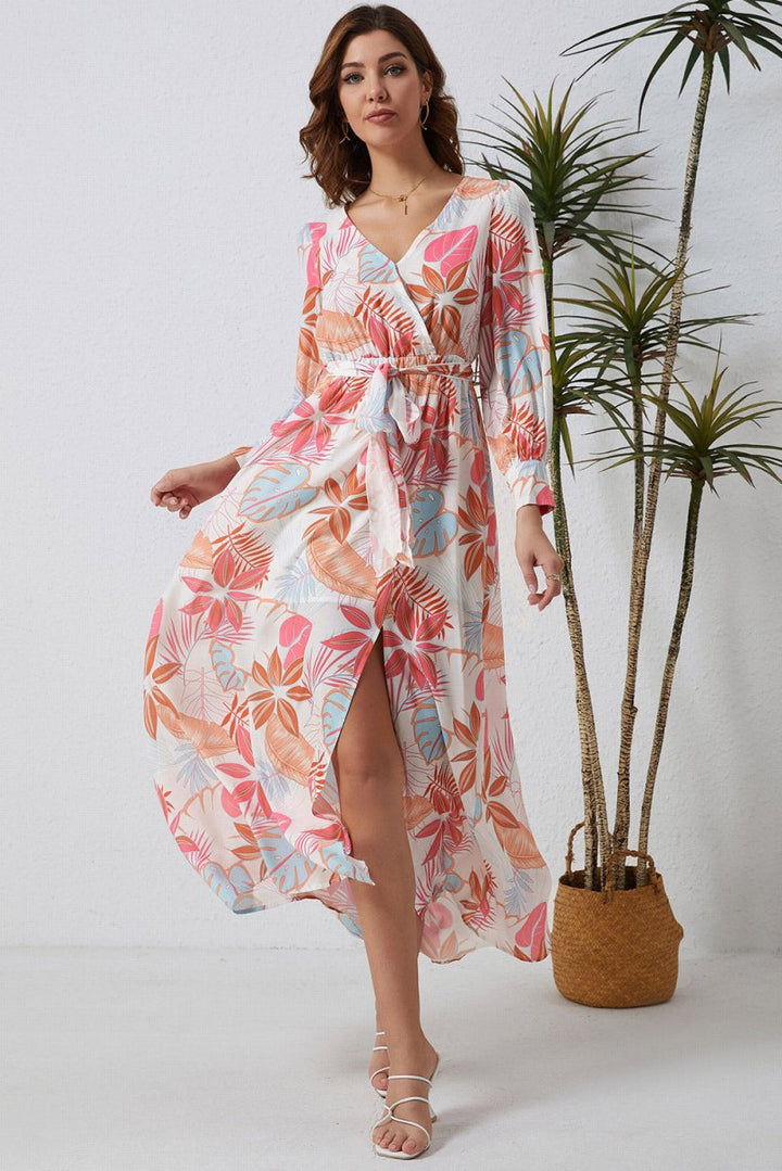 Rhona Tropical Plant Print Long Sleeve Wrap V-Neck Slit Maxi Dress - Rebel Nomad