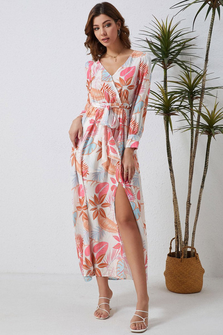 Rhona Tropical Plant Print Long Sleeve Wrap V-Neck Slit Maxi Dress - Rebel Nomad