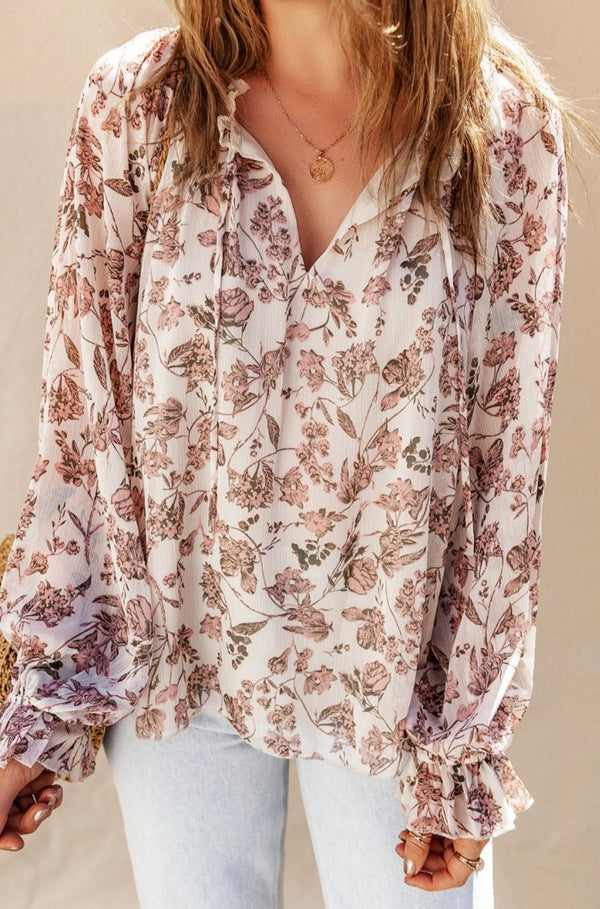 Rita Boho Floral Print Split V Neck Bubble Sleeve Blouse - Rebel Nomad