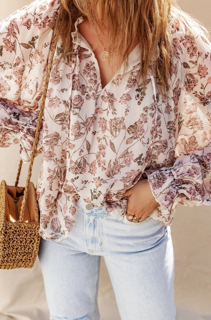 Rita Boho Floral Print Split V Neck Bubble Sleeve Blouse - Rebel Nomad