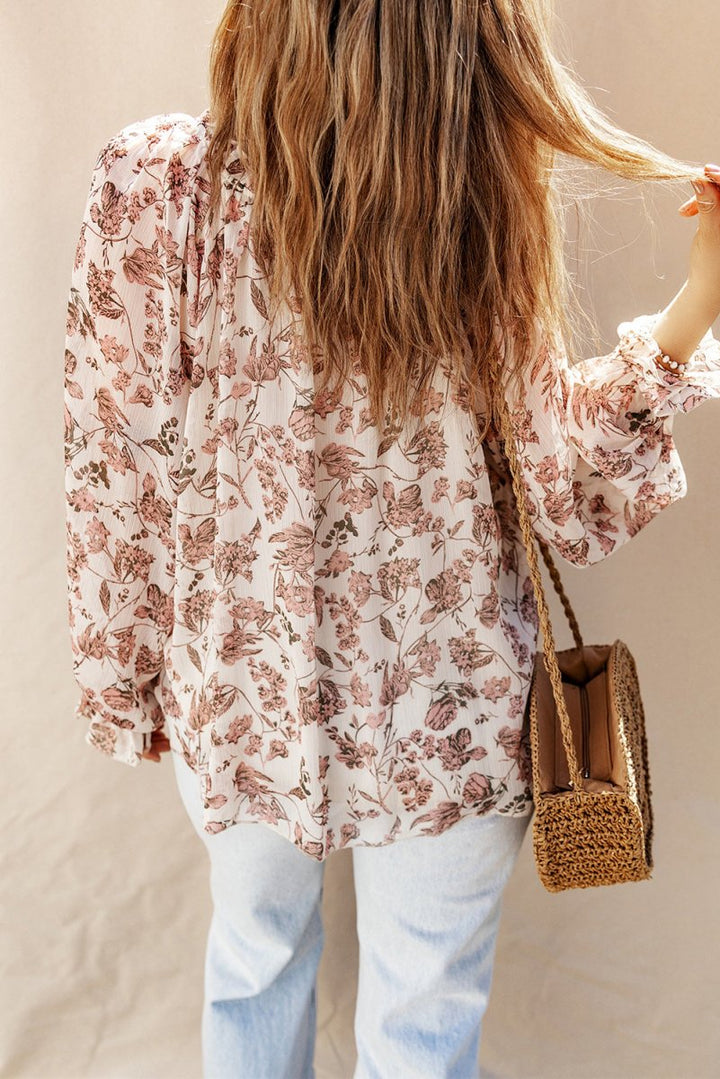 Rita Boho Floral Print Split V Neck Bubble Sleeve Blouse - Rebel Nomad