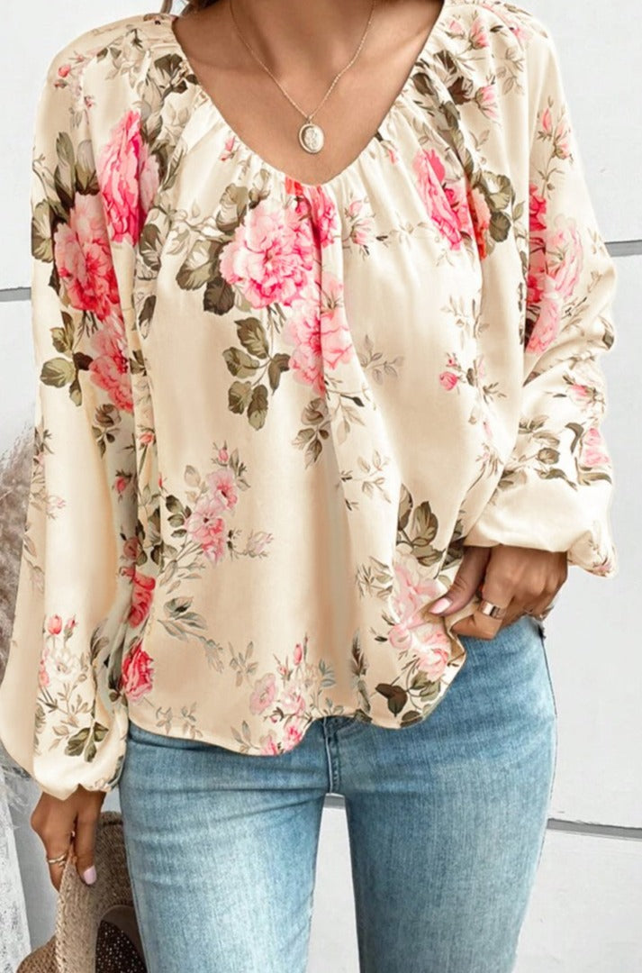 Rosamira Floral Print Lantern Sleeve V-Neck Blouse - Rebel Nomad