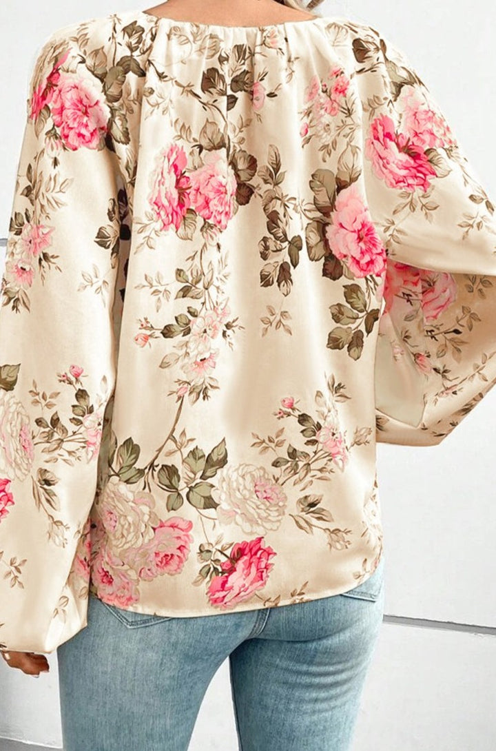 Rosamira Floral Print Lantern Sleeve V-Neck Blouse - Rebel Nomad