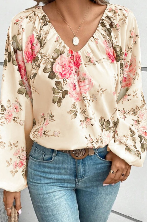 Rosamira Floral Print Lantern Sleeve V-Neck Blouse - Rebel Nomad