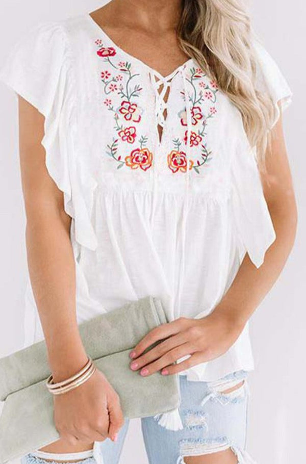 Ryann Floral Embroidered Ruffled Lace-up V Neck Top - Rebel Nomad