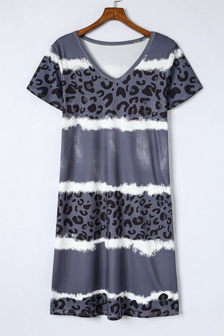 Salena Leopard Color Block V-Neck T-shirt Dress - Rebel Nomad