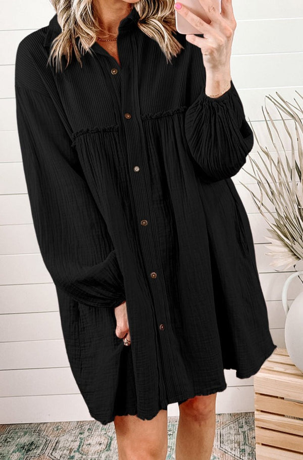 Santina Patchwork Crinkle Puff Sleeve Shirt Dress - Rebel Nomad