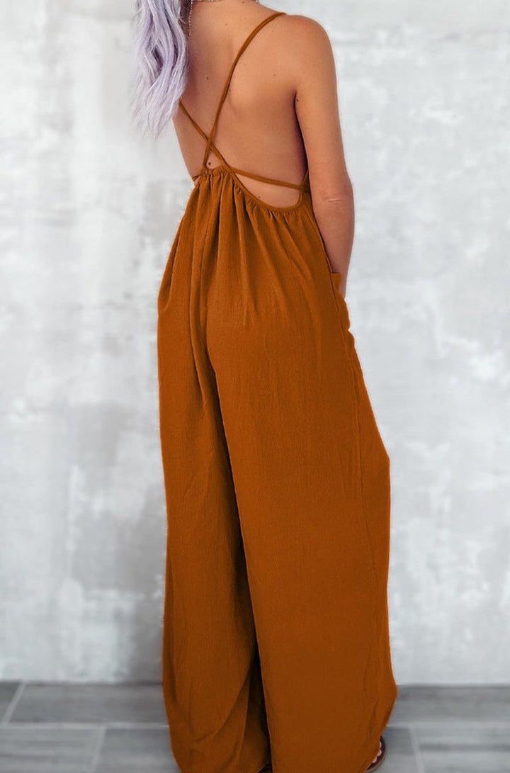 Semele Spaghetti Straps Waist Tie Wide Leg Jumpsuit with Pockets - Rebel Nomad