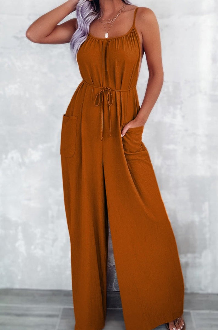 Semele Spaghetti Straps Waist Tie Wide Leg Jumpsuit with Pockets - Rebel Nomad