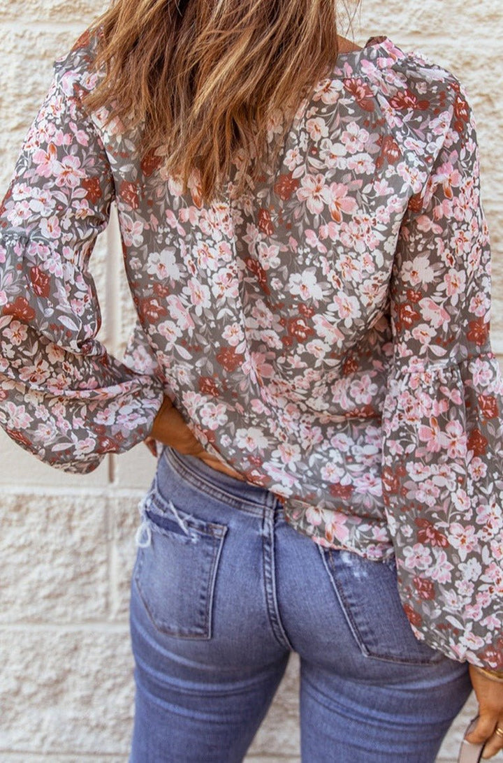 Seraphima Floral Print V Neck Long Puff Sleeve Top - Rebel Nomad