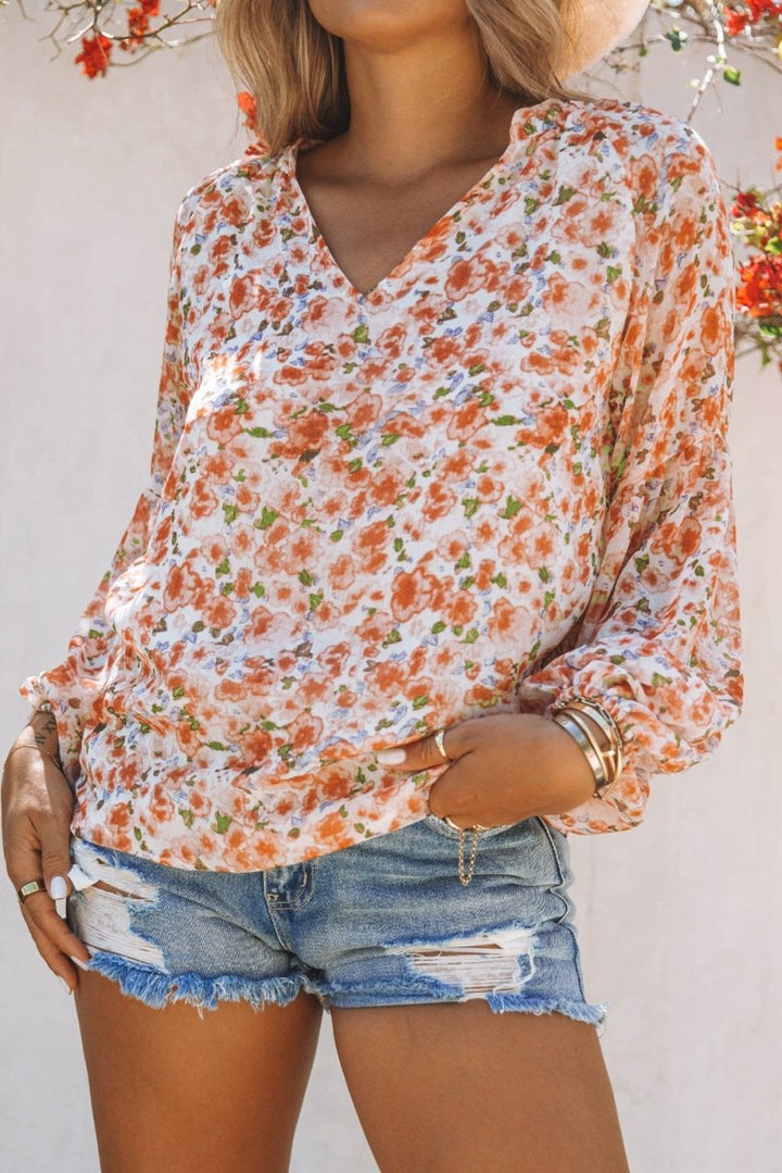 Seraphima Floral Print V Neck Long Puff Sleeve Top - Rebel Nomad